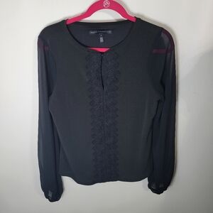 WHBM Long Sleeve Keyhole Black Blouse with Sheer Sleeves & Lace Detail, Size S